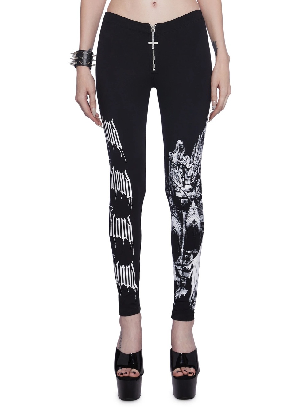 NWT Widow FEEDING TIME PRINT LEGGING size medium black cross zipper pull goth